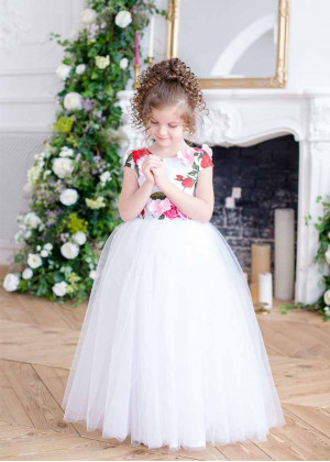 Cap Sleeves Floral Satin Tulle Flower Girl Dress Cap Sleeves Floral Satin Tulle Flower Girl Dress